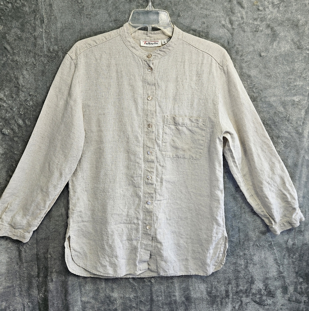 Talbots Light Gray Linen Blend Band Collar Button-Up Blouse
